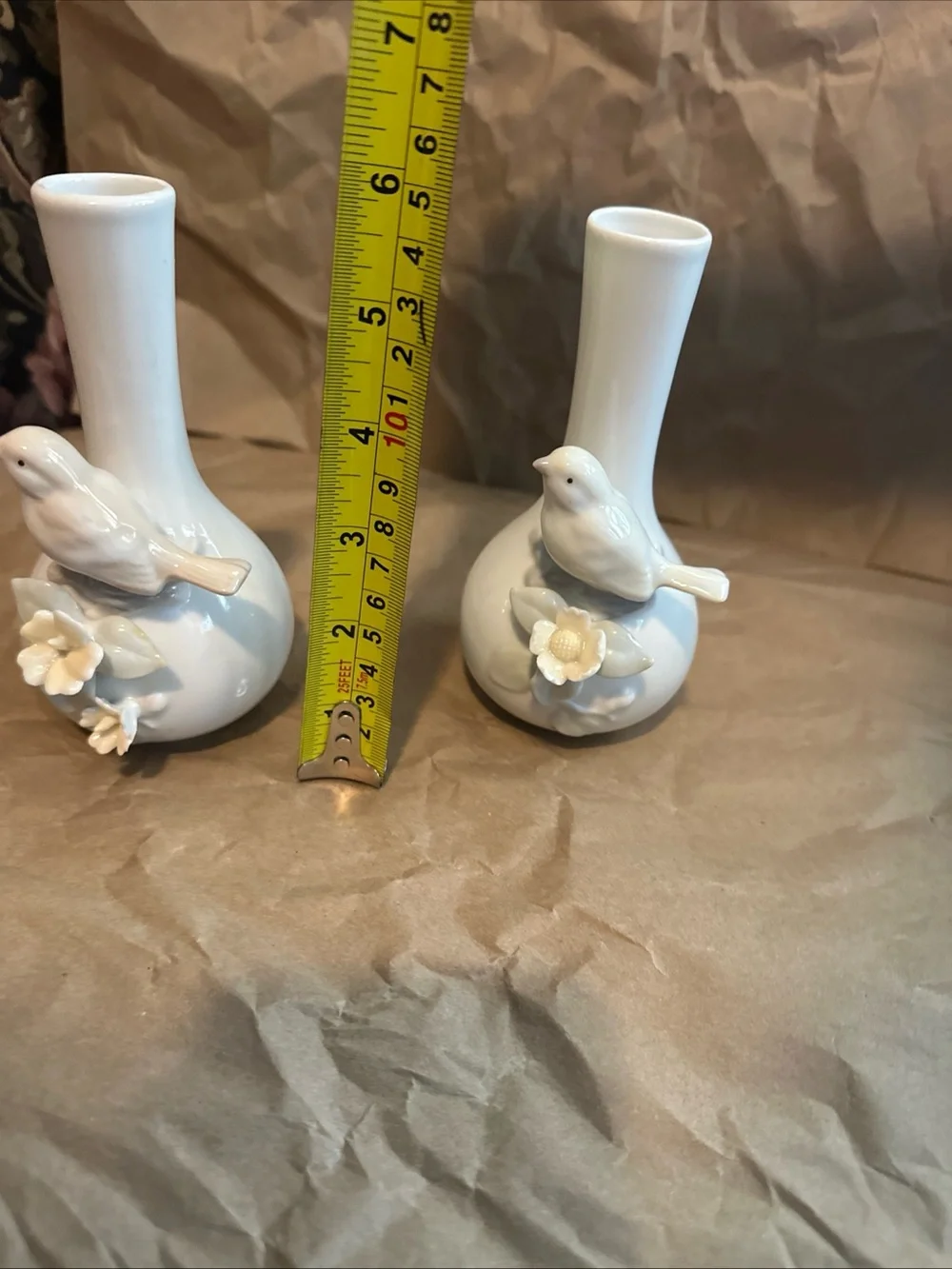 1985 Porcelain Bird Bud Vases in White - Set of 2 made in Taiwan